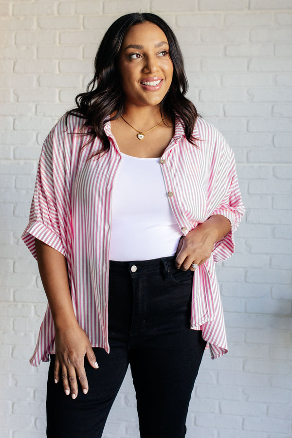 Boxy Striped Button Up in Hot Pink - 1985 the VAULT Boutique