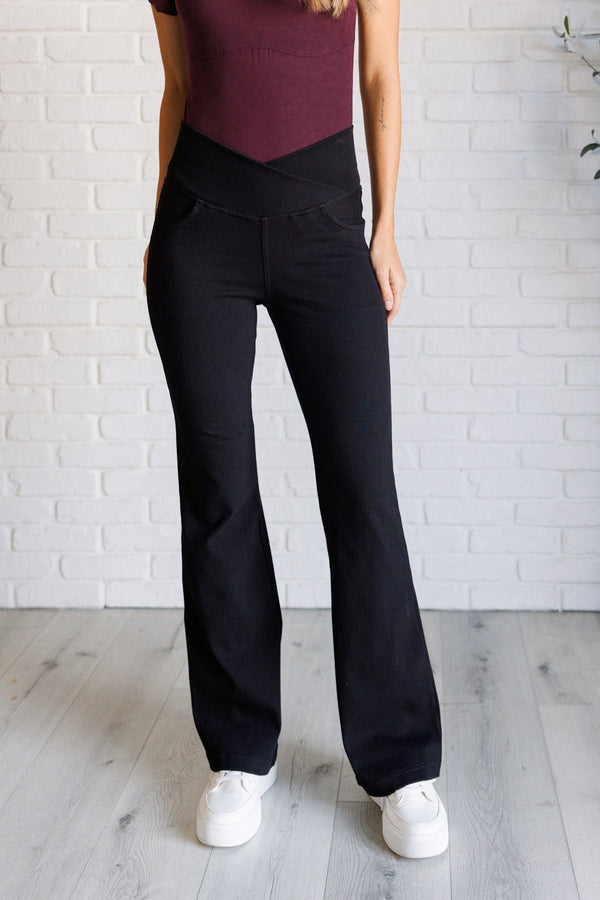 Building Habits Twill Flared Crossover Waist Pant in Black - 1985 the VAULT Boutique