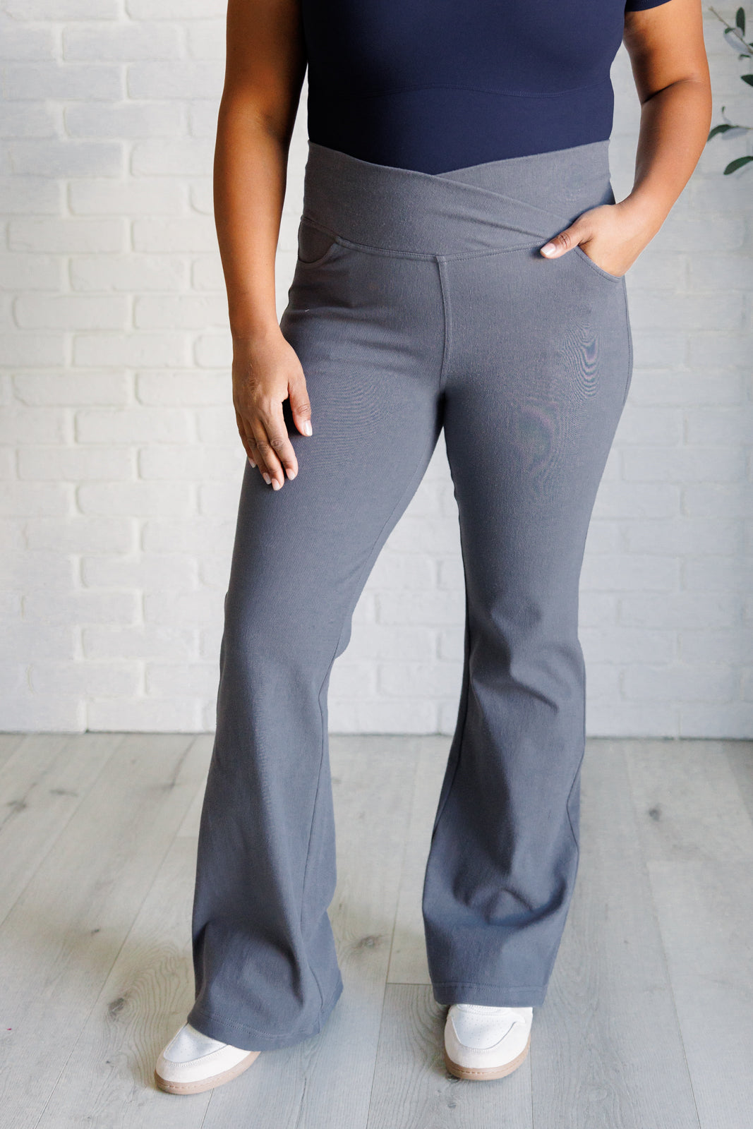 Building Habits Twill Flared Crossover Waist Pant in Titanium - 1985 the VAULT Boutique