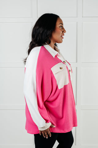 Chip Off the Old Colorblock V-Neck Henley in Pink - 1985 the VAULT Boutique