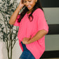 Counter Part Crinkle Woven V-Neck Top in Neon Fuchsia