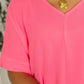 Counter Part Crinkle Woven V-Neck Top in Neon Fuchsia