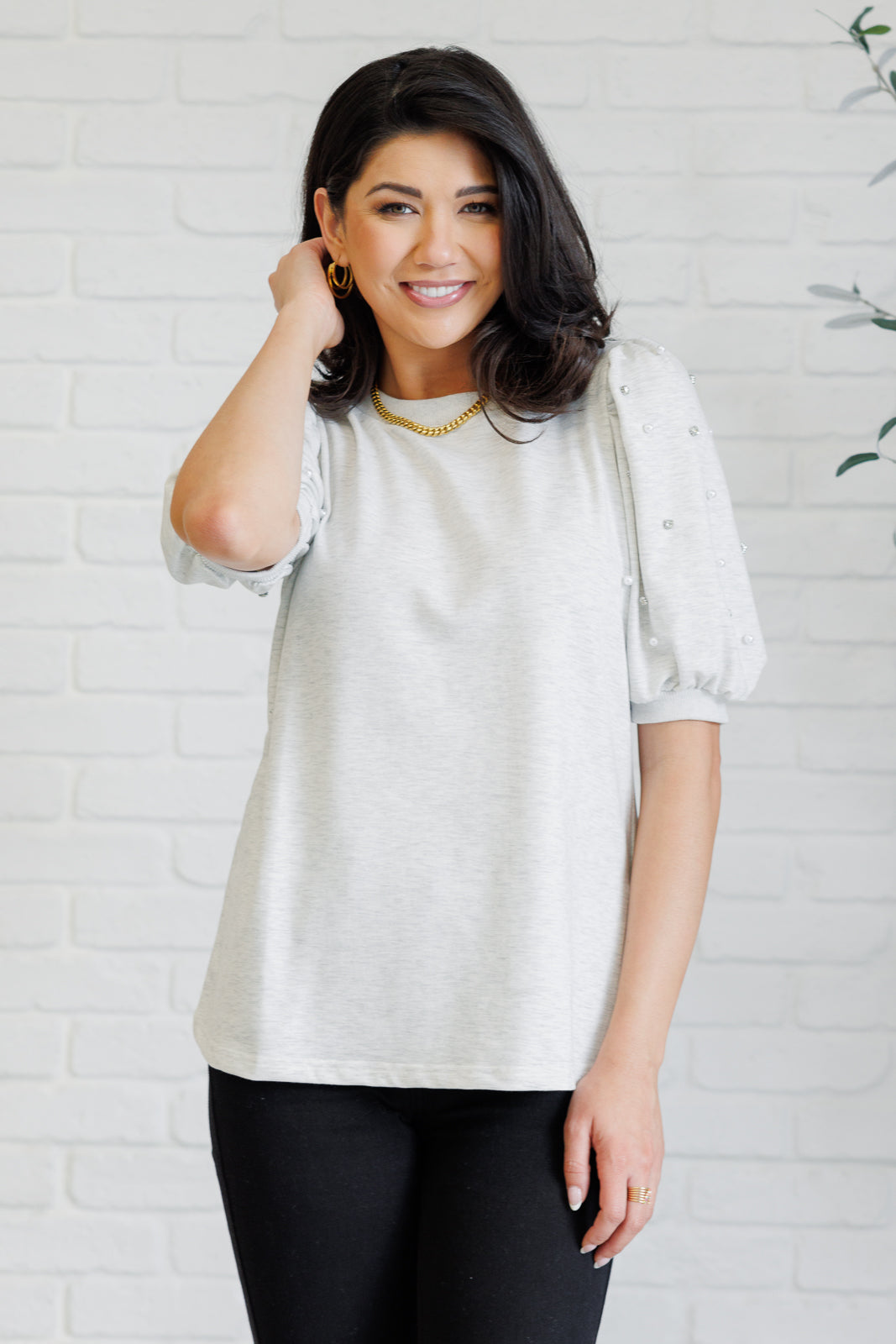 Diamonds and Pearls Puff Sleeve Top in Light Grey - 1985 the VAULT Boutique