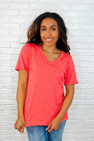 I Don't Have to Choose Basic V-Neck Tee in Hot Coral