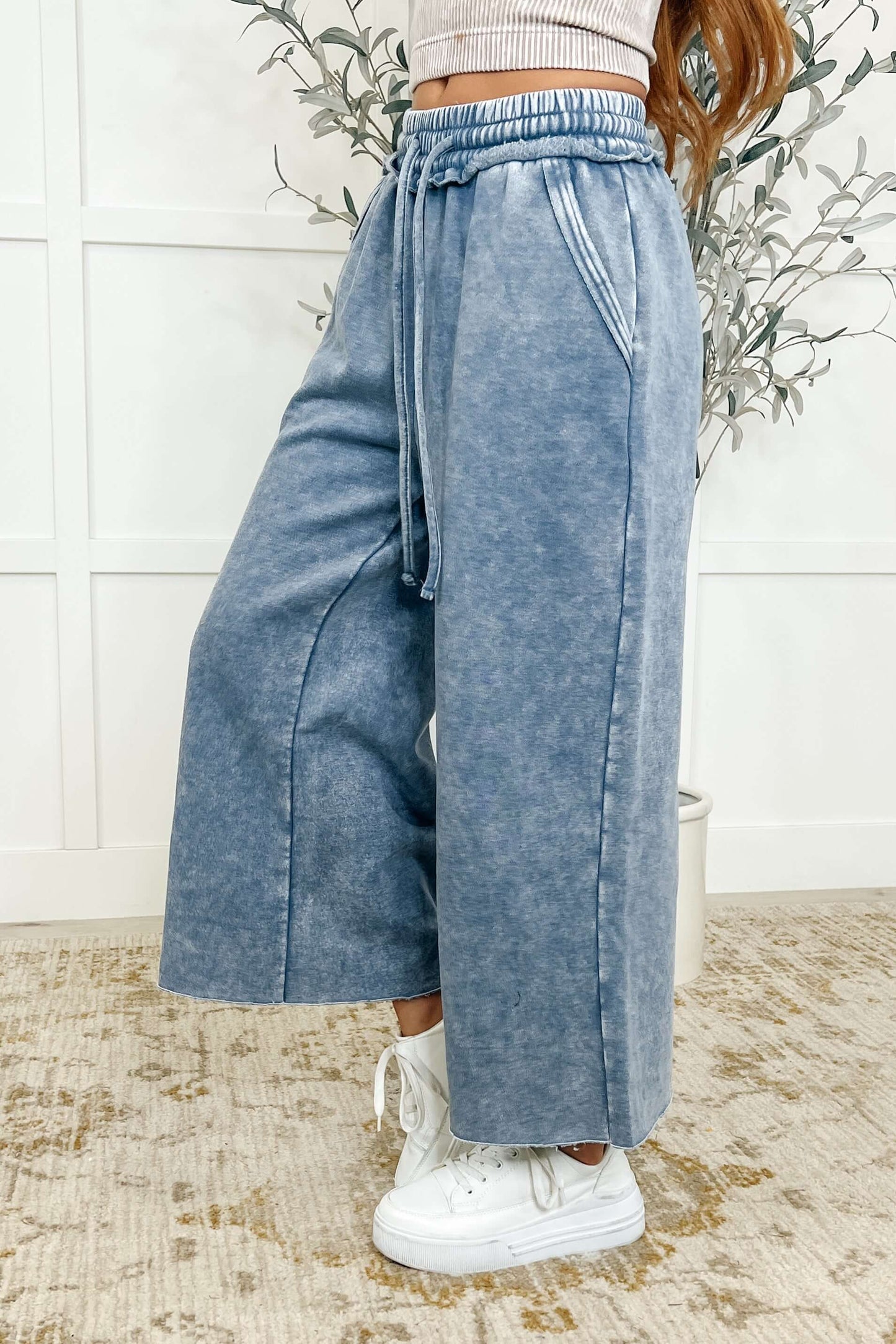 In or Out Wide Leg Cropped Pants Blue Grey