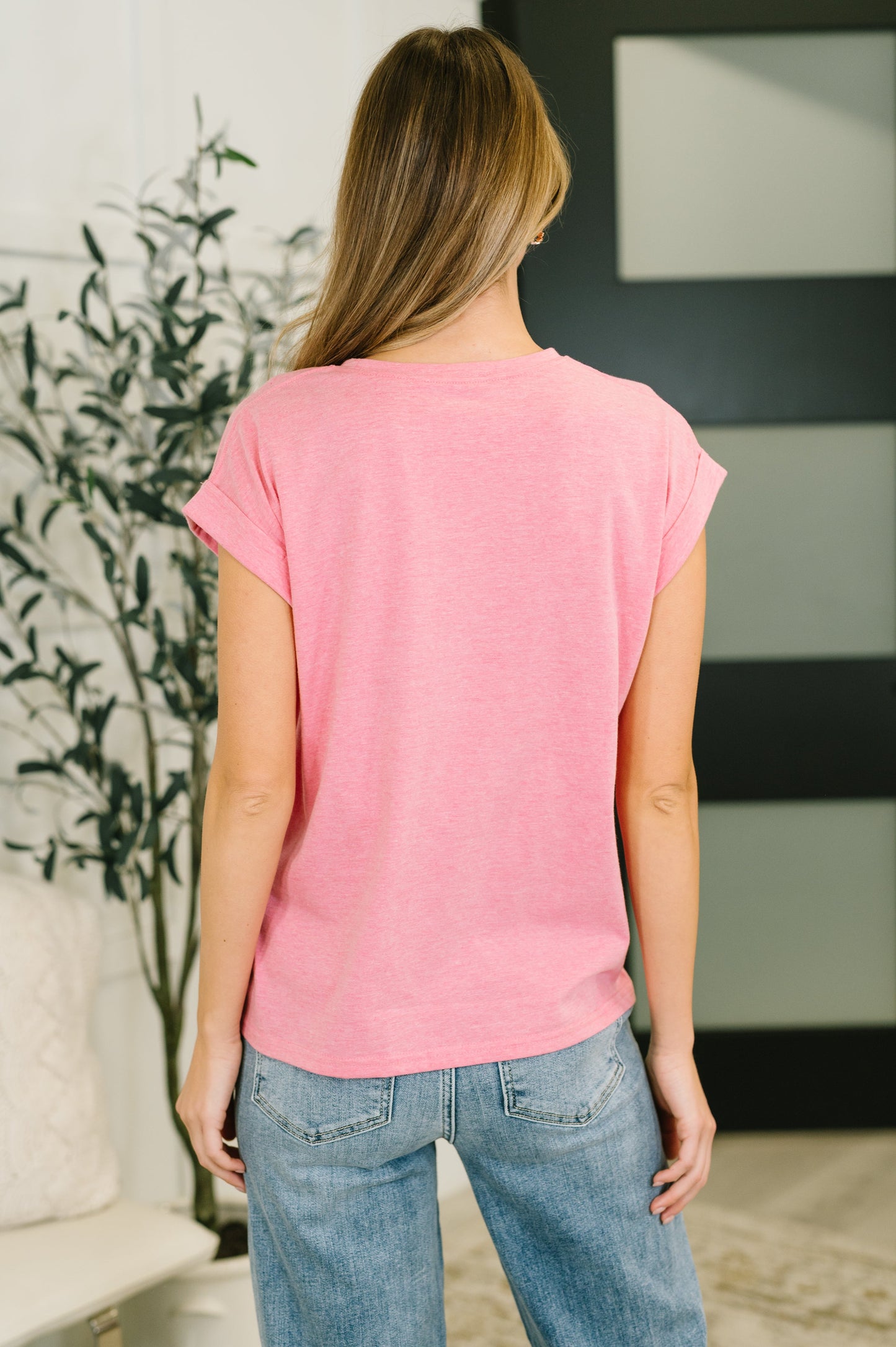 It Starts Here Basic Rolled Sleeve Tee in H Fuchsia