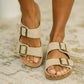 Jete Nubuck Double Buckle Slides in Light Taupe