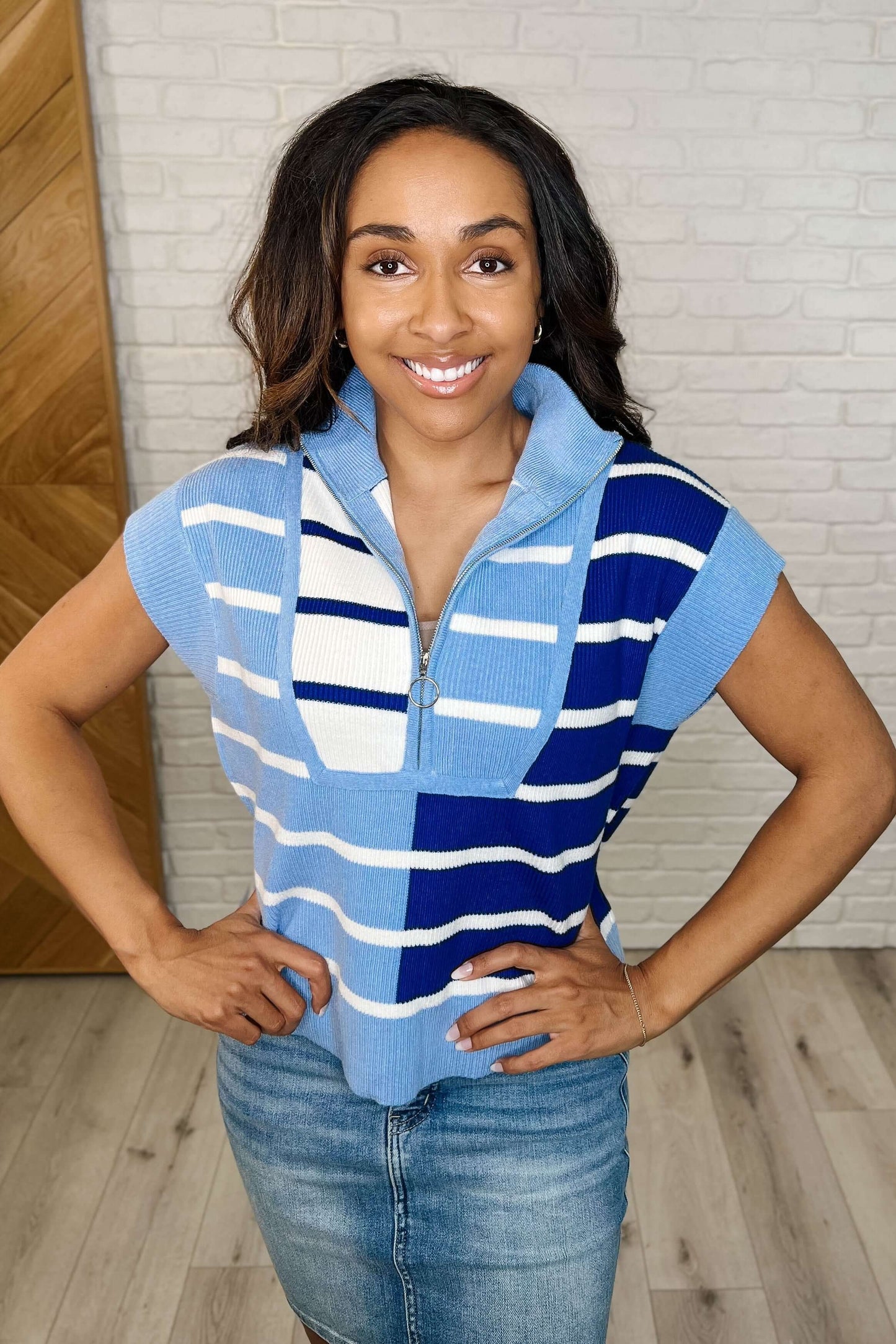 Lonely Traveler Striped Quarter Zip Vest in Blue