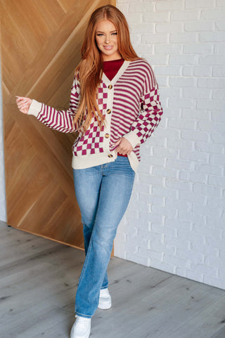 No Brainer Button Down Sweater Knit Cardigan in Magenta/Oatmeal - 1985 the VAULT Boutique