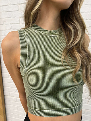 Over and Out Cropped Ribbed Tank in Ash Olive - 1985 the VAULT Boutique