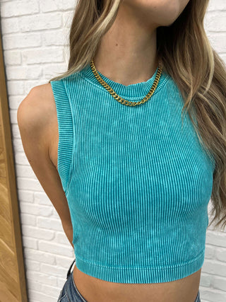 Over and Out Cropped Ribbed Tank in Lt Teal - 1985 the VAULT Boutique