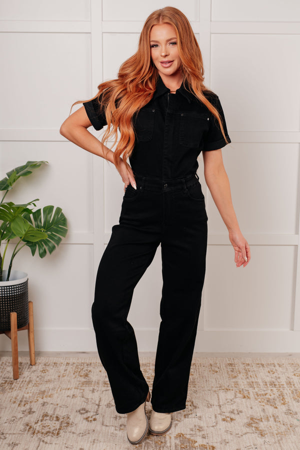 Tilda Short Sleeve Control Top Denim Jumpsuit - 1985 the VAULT Boutique