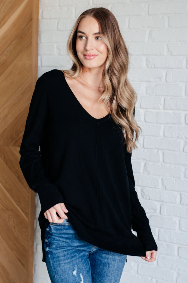 V-Neck Front Seam Sweater in Black - 1985 the VAULT Boutique