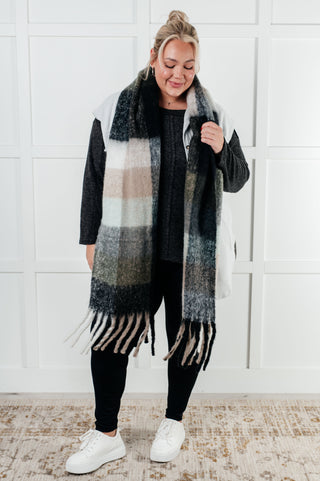 Wanderlust Wrap Oversized Plaid Fringe Scarf in Grey and Jade - 1985 the VAULT Boutique