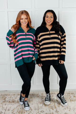 Well Situated Striped Quarter Zip Sweater in Green and Pink - 1985 the VAULT Boutique