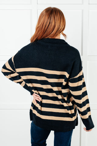 Well Situated Striped Quarter Zip Sweater in Black and Tan - 1985 the VAULT Boutique