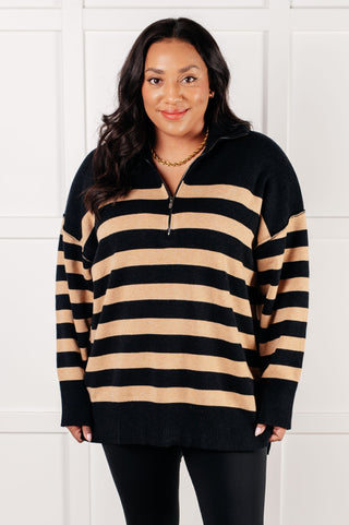 Well Situated Striped Quarter Zip Sweater in Black and Tan - 1985 the VAULT Boutique