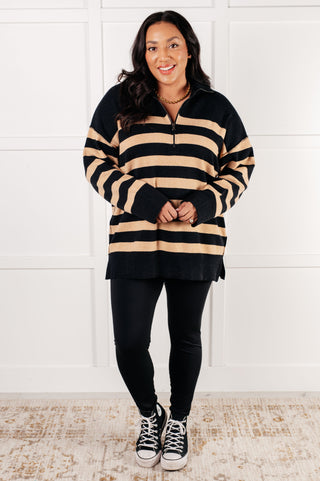 Well Situated Striped Quarter Zip Sweater in Black and Tan - 1985 the VAULT Boutique