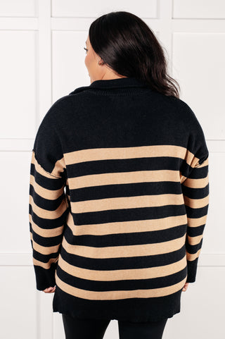 Well Situated Striped Quarter Zip Sweater in Black and Tan - 1985 the VAULT Boutique