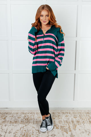 Well Situated Striped Quarter Zip Sweater in Green and Pink - 1985 the VAULT Boutique