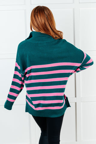 Well Situated Striped Quarter Zip Sweater in Green and Pink - 1985 the VAULT Boutique