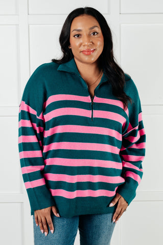 Well Situated Striped Quarter Zip Sweater in Green and Pink - 1985 the VAULT Boutique