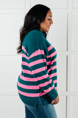 Well Situated Striped Quarter Zip Sweater in Green and Pink - 1985 the VAULT Boutique