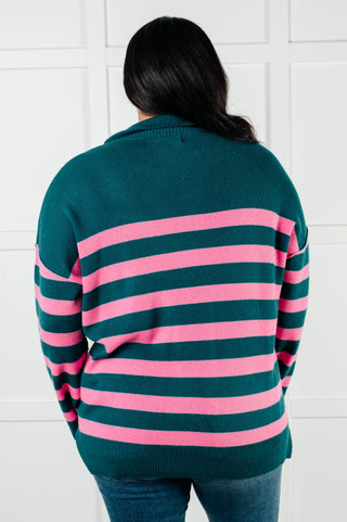 Well Situated Striped Quarter Zip Sweater in Green and Pink - 1985 the VAULT Boutique