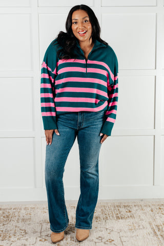 Well Situated Striped Quarter Zip Sweater in Green and Pink - 1985 the VAULT Boutique