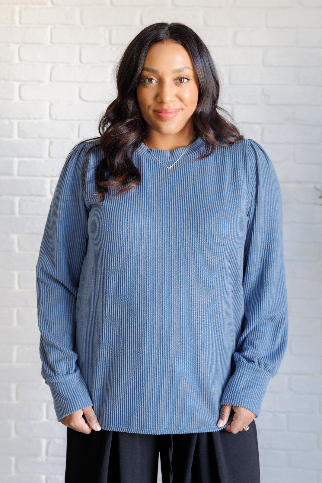 When the Sun Goes Down Mineral Wash Ribbed Knit Top in Vintage Denim - 1985 the VAULT Boutique