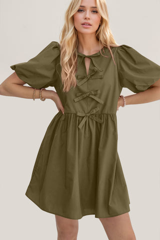 Oh Bow Ruched Puff Sleeve Mini Dress - 1985 the VAULT Boutique