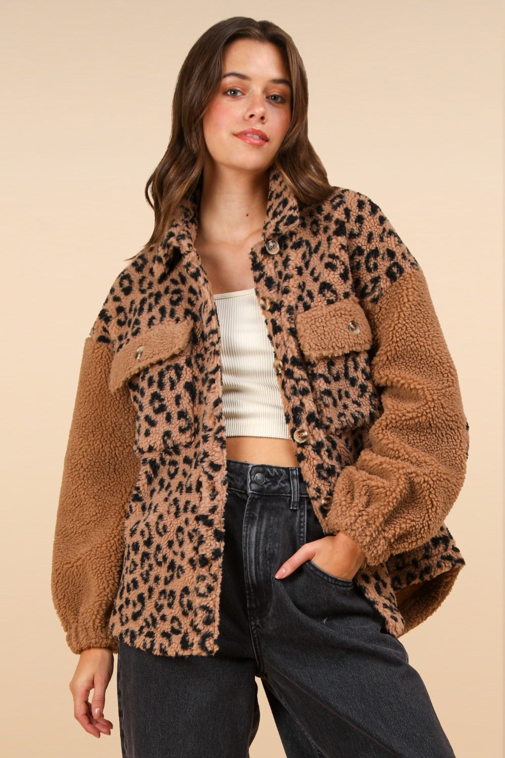 VERY J Fuzzy Leopard Button Down Long Sleeve Jacket - 1985 the VAULT Boutique