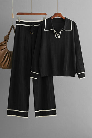 Contrast Trim Johnny Collar Top and Drawstring Pants Sweater Set - 1985 the VAULT Boutique