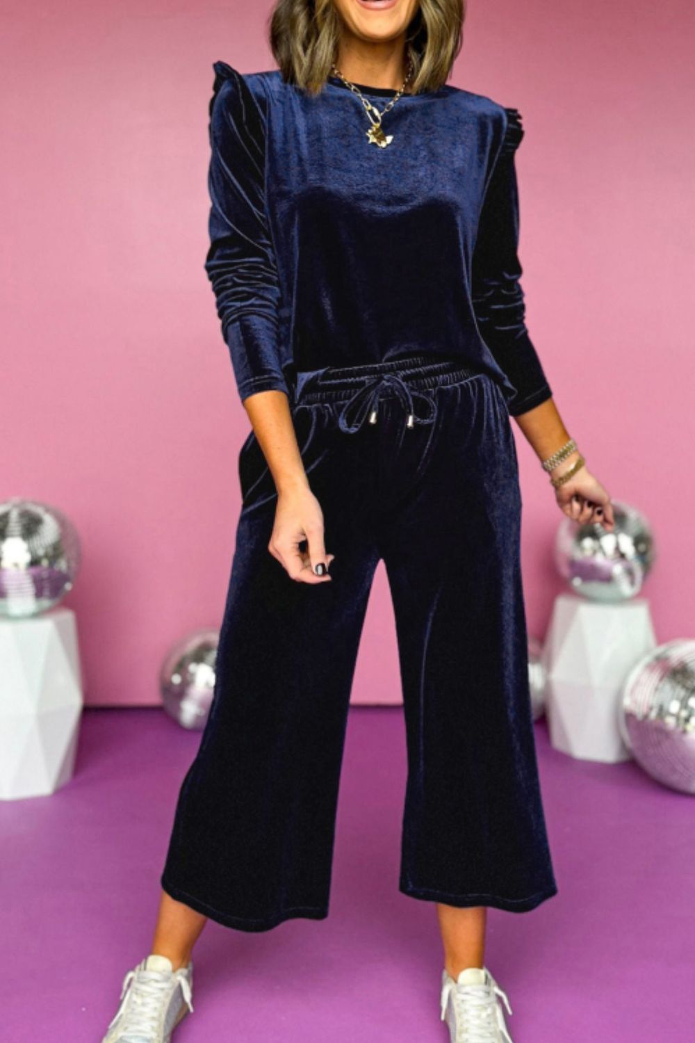 Frill Round Neck Long Sleeve Top and Pants Set - 1985 the VAULT Boutique