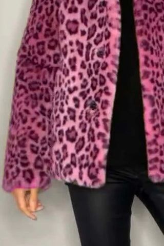 Full Size Leopard Furry Collared Neck Long Sleeve Coat - 1985 the VAULT Boutique