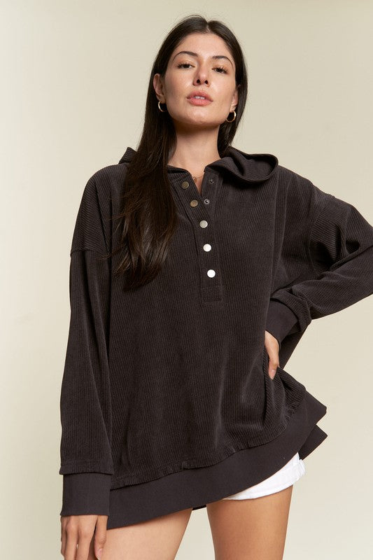 Long Sleeve Button Down Ribbed Hooded Sweatshirt - 1985 the VAULT Boutique