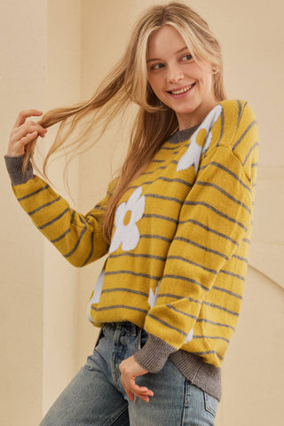 Flower Stripe Round Neck Long Sleeve Sweater - 1985 the VAULT Boutique