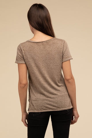 Basic Washed Melange Burnout Scoop V-Neck Top - 1985 the VAULT Boutique