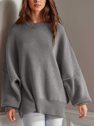 Double Take Side Slit Round Neck Long Sleeve Sweater - 1985 the VAULT Boutique