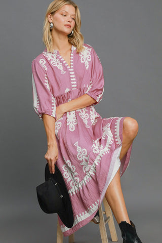 Umgee Printed Notched Midi Dress - 1985 the VAULT Boutique