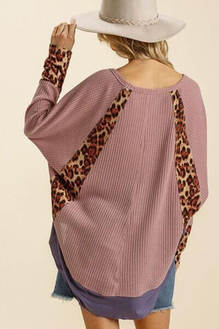 Umgee Full Size Leopard High-Low Dolman Sleeve Waffle Knit Top Plus Size - 1985 the VAULT Boutique