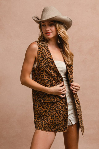 BiBi Leopard Button Up Denim Vest - 1985 the VAULT Boutique