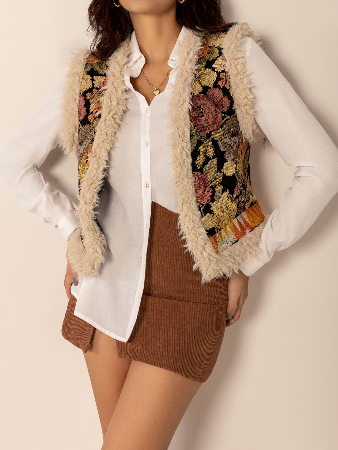 Embroidered Fuzzy Trim Open Front Vest Coat - 1985 the VAULT Boutique