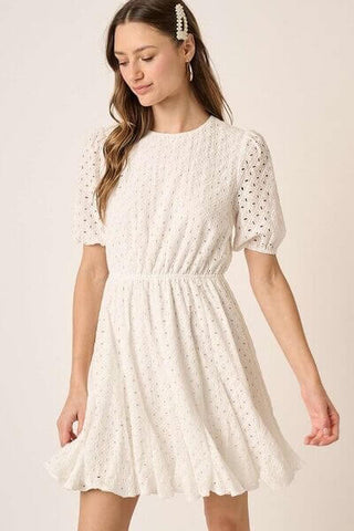 Mittoshop Eyelet Round Neck Puff Sleeve Mini Dress - 1985 the VAULT Boutique