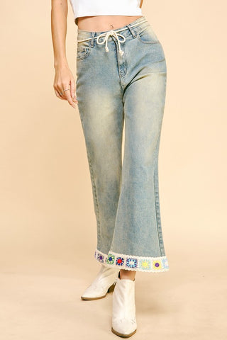 Davi & Dani Crochet Trim Flare Jeans with Pockets - 1985 the VAULT Boutique