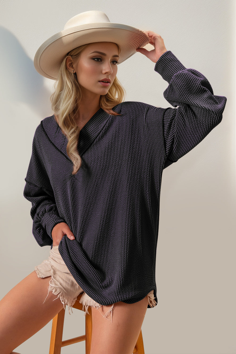 Double Take Exposed Seam Ribbed Textured V-Neck Long Sleeve T-Shirt - 1985 the VAULT Boutique