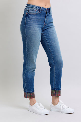 Judy Blue Full Size Plaid Print Cuff Straight Leg Jeans with Pockets - 1985 the VAULT Boutique