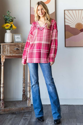 Heimish Plaid Drop Shoulder V-Neck T-Shirt - 1985 the VAULT Boutique