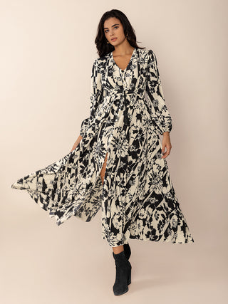 Tied Printed V-Neck Long Sleeve Midi Dress - 1985 the VAULT Boutique