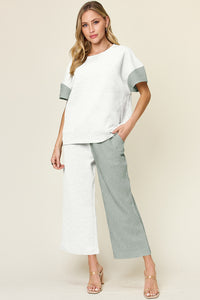 Double Take Full Size Texture Contrast T-Shirt and Wide Leg Pants Set - 1985 THE VAULT